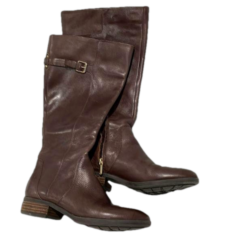 Riding boots Sam Edelman brown leather with gold buckle and 1/2 zipper